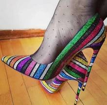 Linamong Multi-Color Sequined Wedding Pumps Colorful Rainbow Stripe High Heel Pointed Toe Bling Bling Glitter Dress Shoes Woman 2024 - buy cheap