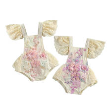 Recém-nascido crochê laço macacão bebê meninas bordado flor macacões criança solta manga mosca gola quadrada tie-up playsuit 2024 - compre barato