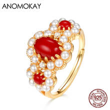 Anomokay Luxury Red Coral Full of Pearl Gold Color Ring Real Sterling 925 Silver Pearl Rings Resizable Jewelry for Women Gift 2024 - buy cheap