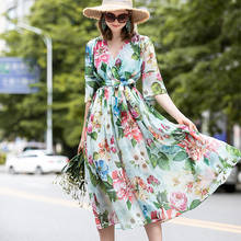 Женское шелковое платье с V-образным вырезом, летнее пляжное платье средней длины с цветочным принтом, Pph4203, 2021 2024 - купить недорого