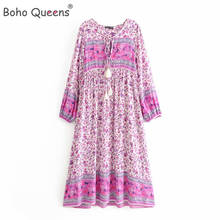 Boho Queens Women Elegant Lace-up Tassel Floral Print Beach Bohemian  Midi Dress Ladies Rayon Vestidos 2024 - buy cheap