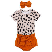 Bonito infantil menina conjunto de roupas manga curta macacão + leopardo imprimir elástico cintura alta shorts bowknot hairband verão roupas frescas 2024 - compre barato