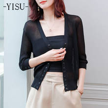 YISU Women Spring Casual  Cardigan Solid color V-Neck Transparent Long sleeve Spring tops Female Knitted Cardigan Thin section 2024 - buy cheap