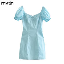 MXTIN 2021 Women Vintage Spring Blue Bow Mini Dress Fashion Puff Sleeve Zipper Female Casual Dresses Women's Clothing 2024 - buy cheap