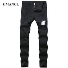 Homens hip hop rasgado remendo magro reta jeans streetwear masculino algodão buracos negros afligido calças jeans casuais plus size 40 2024 - compre barato