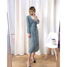 Women Dress 2019 New Autumn and Winter V-neck Lace Print Bubble Sleeve Tea Break Midi Dress 2024 - buy cheap