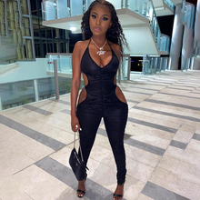Black PU Leather Skinny Rompers Women Jumpsuit Halter Neck Waist Band Cut Out Stacked Overall Streetwear Female Backless Outfit 2024 - buy cheap