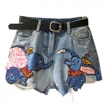 Pantalones cortos vaqueros con bordado de elefante para mujer, shorts holgados de pierna ancha, 5XL talla grande, bf, Verano 2024 - compra barato