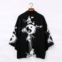 Summer Yukata Haori Men Chinese Tai Chi Printed Black Japanese Kimono Cardigan Samurai Costume Clothing Jacket Shirt 2024 - buy cheap