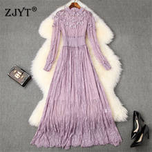 Spring Designer 2020 Runway Woman Elegant Lady Long Sleeve Butterfly Embroidery Elastic Waist Maxi Party Lace Dress Purple 2024 - buy cheap