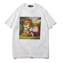 Camiseta de algodão estampa de tigre da série do museu, camiseta masculina de manga curta com estampa de tigre, camiseta de frente e verso para mulheres, moda de rua 2024 - compre barato