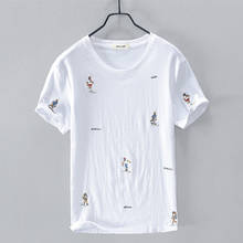 Cartoon embroidery stitching short-sleeved linen t-shirt men brand fashion white t shirt for men casual breathable tshirt mens 2024 - buy cheap