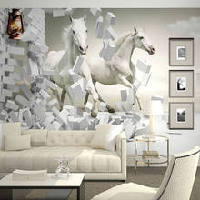 Papel tapiz Mural personalizado, galopando caballo blanco, pared de ladrillo, sala de estar, sofá, TV, Fondo de foto, pared de arte, papel tapiz no tejido 2024 - compra barato