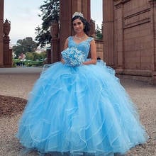 Princess Sweet 15 Ball Gown Light Sky Blue Quinceanera Dresses 2021 V-Neck Appliques Sequined Sleeveless Party Pageant Tiered 2024 - buy cheap