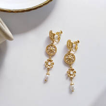 Cool Gold Color Geometric Round Flower Tassel Clip on Earrings Korea New Style Ear Clips Long Pearl Pendant Earrings No Hole 2024 - buy cheap