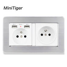 Minitiger 2 Gang French Standard Wall Socket With 2 USB Charge Port Hidden Soft LED Stainless Steel Brushed Panel 2024 - buy cheap