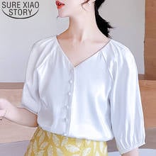 2021 Fashion Women Chiffon Blouses Short Sleeve Casual Women Tops V-neck Solid Button Lantern Sleeve Women Clothing 5384 50 2024 - buy cheap