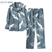 JULY'S SONG 2 Pieces Crane Women Pajamas Set Cotton Animal Lapel Elegant Printing Lapel Soft Long Sleeve Spring Autumn Sleepwear 2024 - buy cheap