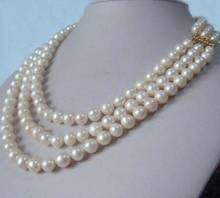 Akoya-collar de perlas blancas de 3 hebras, collar de perlas naturales de 9-8mm, 17 "18" 19 ", cierre de oro 2024 - compra barato