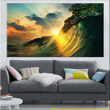 Pintura en lienzo de paisaje natural para decoración de sala de estar, póster de arte de pared e impresiones de paisaje marino en puesta de sol, olas del océano 2024 - compra barato