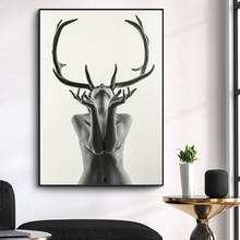 Sexy Black and White Antlers Nude Woman Canvas Painting Cuadros Posters and Prints Wall Art Pictures for Living Room Decoration 2024 - buy cheap