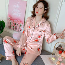 De manga larga de Pijama de seda de 2019 mujeres de verano de manga larga pantalones largos de mujer Pijama ropa de dormir pijamas conjunto de pijamas de talla grande 2024 - compra barato