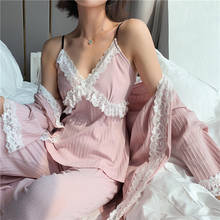 Daeyard-Conjunto de pijamas de algodón para mujer, ropa de dormir Sexy con encaje, pantalones Kimono elegantes, otoño e invierno, 3 piezas 2024 - compra barato