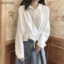 Shirt Women Solid Color Loose Summer Single Breasted Long Sleeve Basic Elegant Turn-down Collar Female Shirring Office All-match 2024 - buy cheap