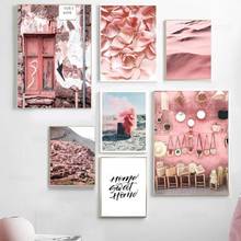 Rosa paisagem arte poster hd impressão rosa bungalow fumaça pétalas deserto pintura da lona parede imagem estilo étnico mural decoração casa 2024 - compre barato