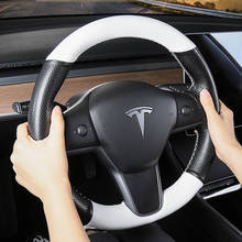Cubierta de volante de costura a mano para Tesla modelo 3, cuero genuino, bricolaje, 5D, fibra de carbono, aguja blanca y sutura de hilo perforado 2024 - compra barato