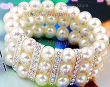 Pulsera elástica de perlas de cristal blanco/blanco de tres filas, accesorio de diamantes de imitación transparente, una pieza, pbb1004 2024 - compra barato