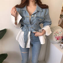 Autumn Fashion Patchwork Stylish Women Denim Jacket Fake Two-Piece Jacket Coat Female Long Sleeve Jean Jacket Top With Sashes 2024 - buy cheap