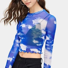 Sexy Sheer Mesh T Shirt  Transparent See Through Long Sleeve Slim Fit Cloud Blue Sky Print Woman Tee Top 2024 - buy cheap