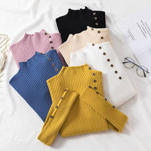Suéteres coreanos de cuello alto de punto para Mujer, jerseys elásticos ajustados con botones, suéter básico, prendas de punto para Mujer 2024 - compra barato