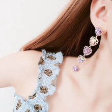 Coreano Nova Moda Amor Do Coração Rhinestone Oscila Brincos De Cristal Longo Para As Mulheres Rosa Roxo 2024 - compre barato