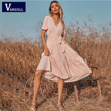 Vangull Women Houndstooth Dress Sexy Casual Elegant High Waist V Neck Tie Short Sleeved A-line Long Female Robe Summer Dress 2024 - buy cheap