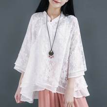 Tunic Women Lace Top White Black Cotton Linen Vintage Button up Shirt Ladies Loose Casual Blouse 3/4 Sleeve Stand collar 2024 - buy cheap