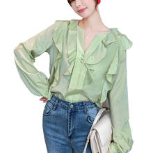 Women Chiffon Blouse Ruffles Long Sleeve V Neck Loose Shirts Spring Summer Green White Tops Ladies Plus Size New Korean Blouses 2024 - buy cheap