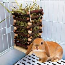 Деревянная Сенная кормушка для кроликов, устойчивая к укусам, жевательная игрушка, травяная рама, висячая хомяк, Сенная стойка для кроликов, Шиншилла 2024 - купить недорого