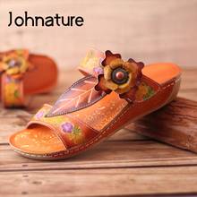 Johnature Women Slippers Summer 2022 New Women Shoes Genuine Leather Hand-painted Slides Flower Handmade Sewing Ladies Slippers 2024 - buy cheap