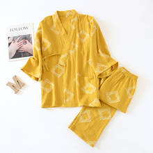 Pijama Kimono de algodón crepé para parejas, ropa de dormir de manga larga con cuello en V, con estampado de diamantes, conjunto de 2 piezas para el hogar 2024 - compra barato