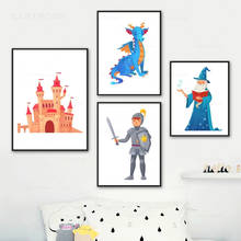 Pintura en lienzo de dibujos animados de Castillo, mago, caballero, dragón, carteles nórdicos e impresiones, imágenes de pared, decoración para habitación de bebé y niños 2024 - compra barato