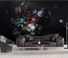 Rollos de papel tapiz fotográfico de flores modernas, estilo nórdico, para sala de estar, dormitorio, murales florales con fondo negro, papel de pared 3d 2024 - compra barato