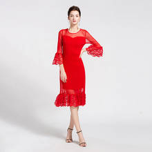 HOT SELLING Miyake three quarter o-neck  fold Mesh Lace flare sleeve red dress IN STOCK 2024 - buy cheap