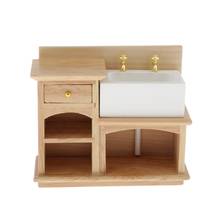 1/12 Miniature Wooden Wash Basin Cabinet with Ceramic Hand Sink Furniture for Dollhouse Bathroom or Kitchen Decoration 2024 - buy cheap