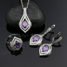 Conjuntos de joyería nupcial de Plata de Ley 925 para mujer, cristal blanco, piedra púrpura, pendientes, anillo, collar, colgante 2024 - compra barato