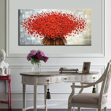 Tela de parede moderna abstrata pintada à mão, arte texturizada com flor vermelha, pintura a óleo, faca de arte para decoração de casa, hotel 2024 - compre barato