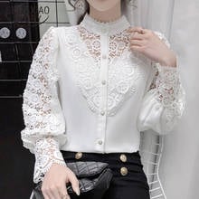 New Spring Chic Hollow Flower Buttons Ladies Top Sweet Stand Collar Long Sleeve Blouse Women Korean Lace Stitching Shirt 12948 2024 - buy cheap
