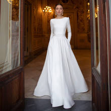 Long Sleeve Wedding Dresses Lace Button Satin A-Line O-Neck Sweep Train Vintage Bridal Gown With Belt Vestidos De Noiva 2021 2024 - buy cheap