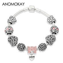 Anomook-pulsera con abalorio de flor y corazón para mujer y niña, brazalete de cuentas de cristal rosa, Color plata antigua, regalo de joyería 2024 - compra barato